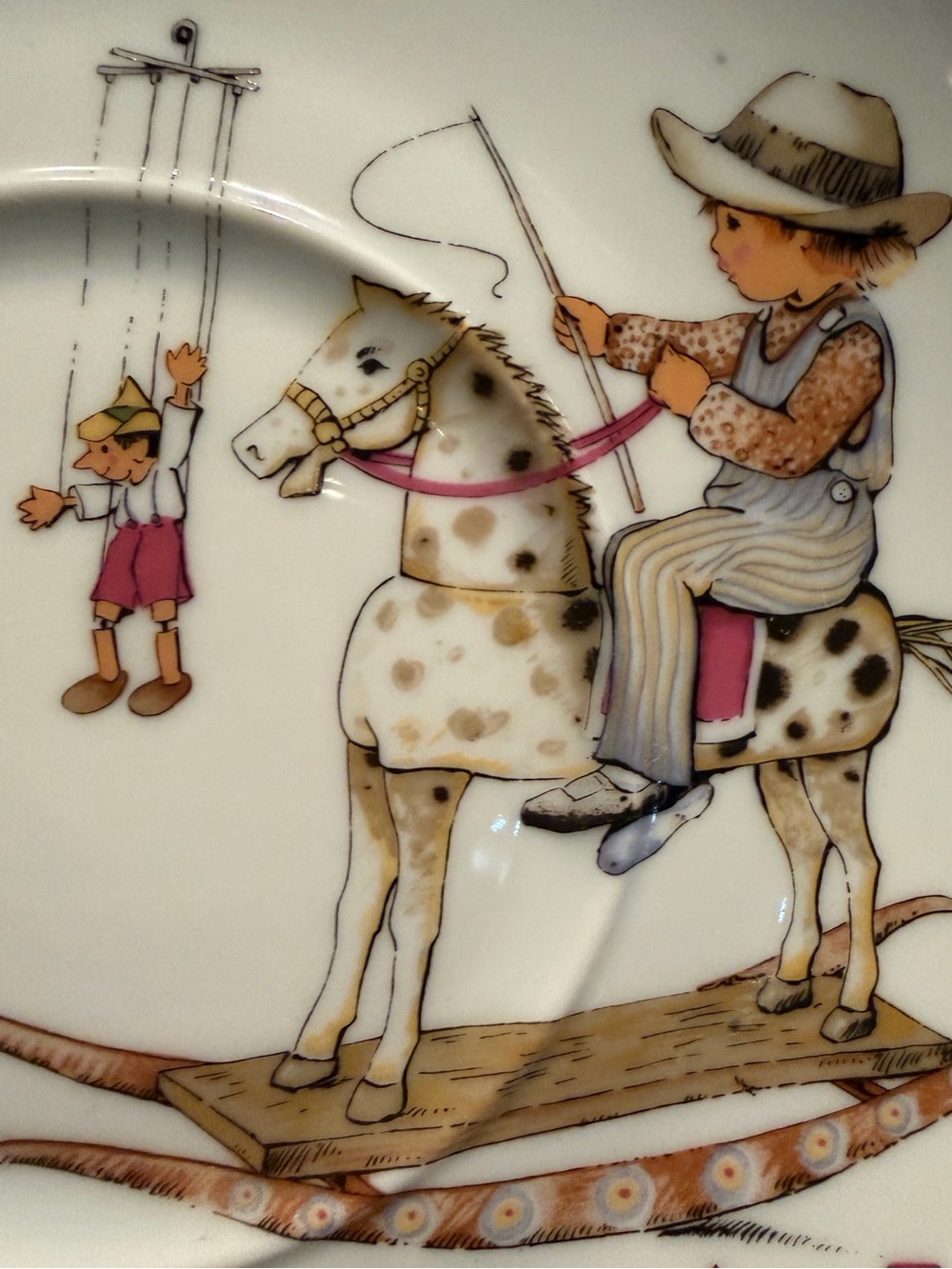 Vintage Boy on Rocking Horse saucer Limoges - White, Pink, Brown
